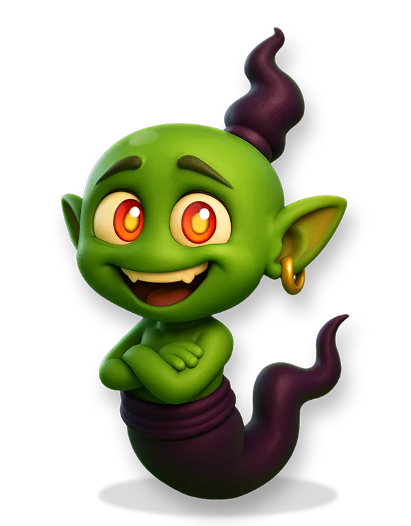Benri, ein grüner Flaschengeist mit lila Haarknoten, als Sticker.