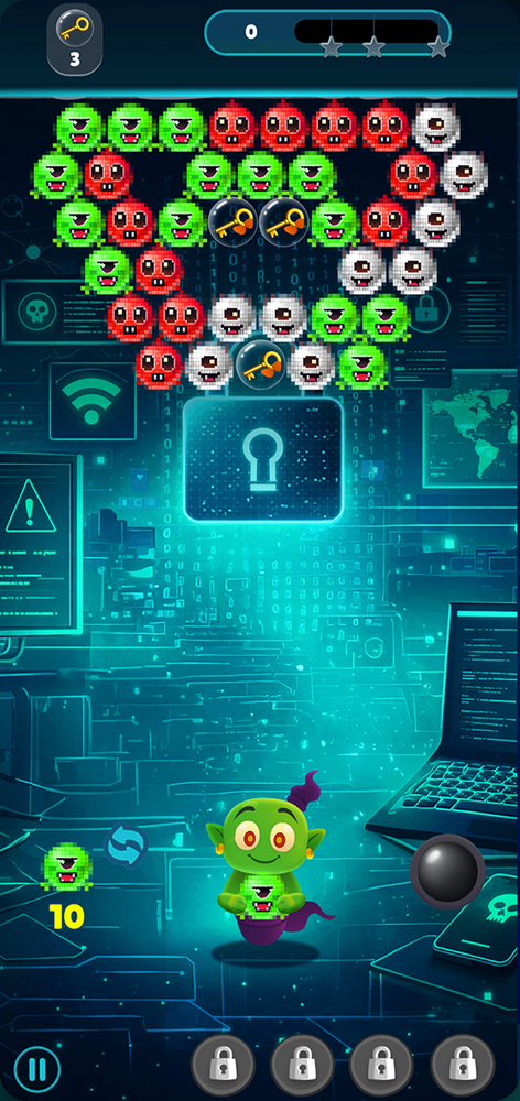 Captura de tela: minijogo de hack do Benri com bolhas de vírus.