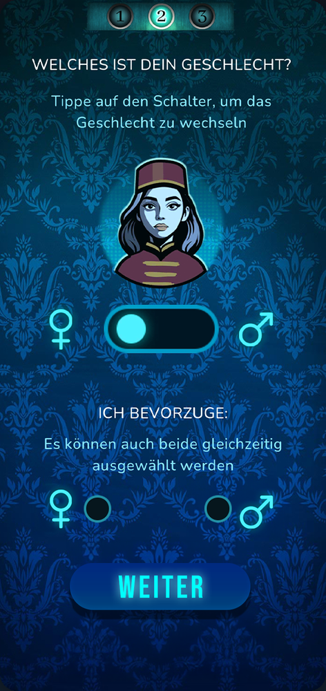 Captura de tela: check-in como novo(a) mensageiro(a) online, com escolha de personagem.