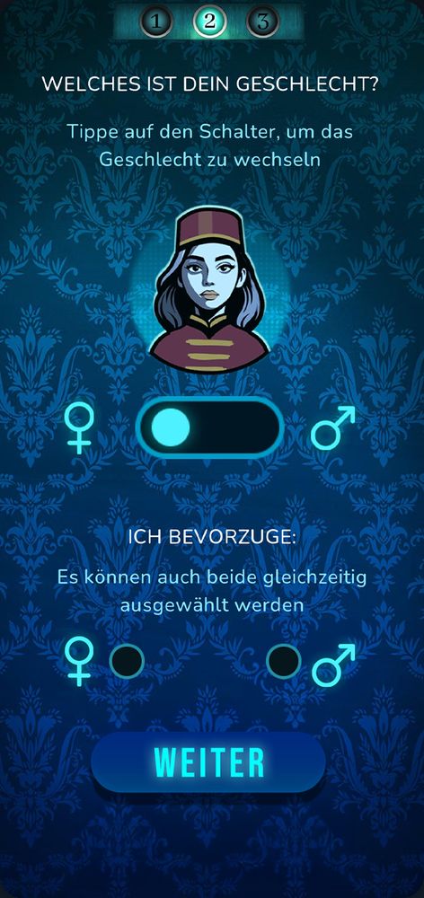 Screenshot: Check-in zur ersten Schicht als Online-Page, mit Wahl der Spielfigur.
