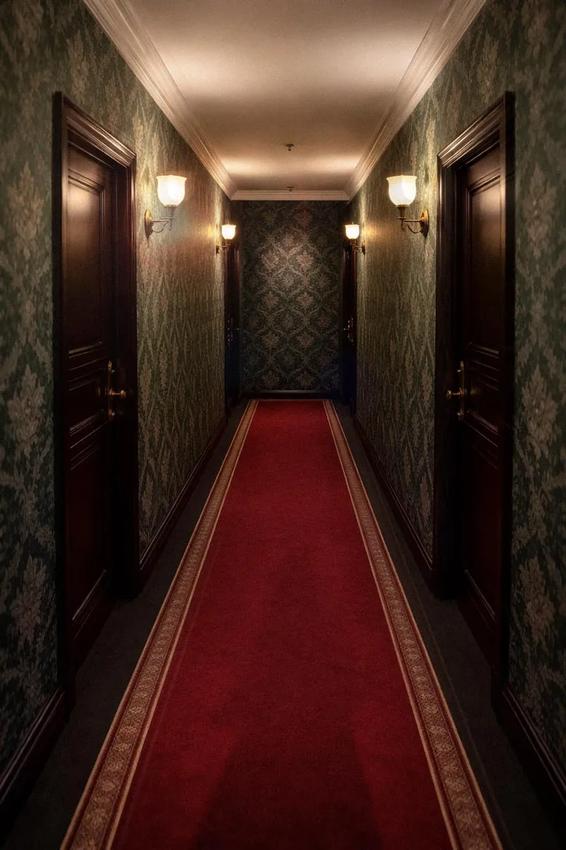 A long hotel corridor with a red carpet, green damask wallpaper and wall lamps