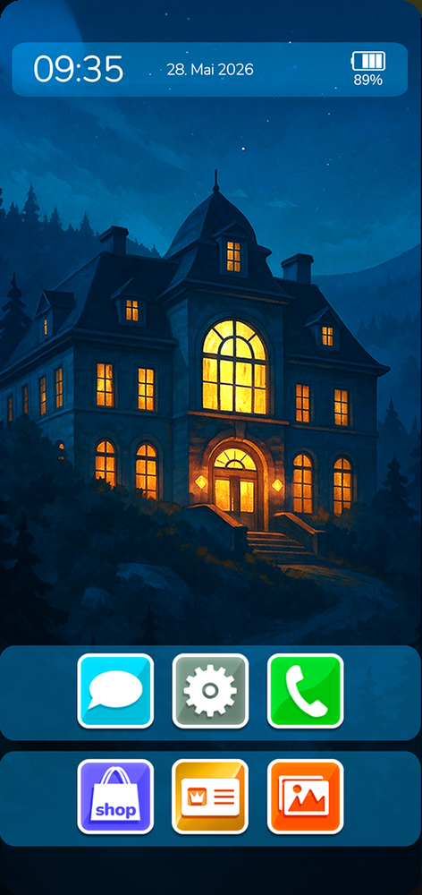 Captura de tela: tela inicial do celular do hotel com o Midnight Mansion à noite.