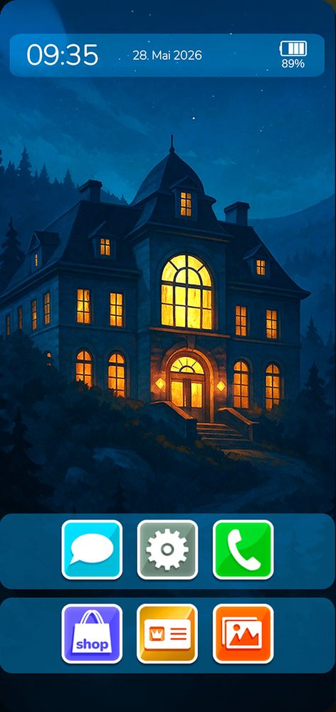 Screenshot: Startbildschirm des Hotel-Handys mit dem Midnight Mansion bei Nacht.
