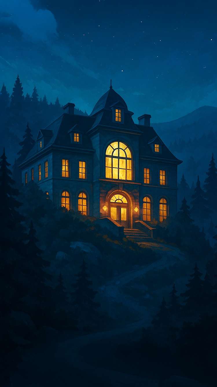 Das Midnight Mansion bei Nacht: ein altes Herrenhaus mit warm erleuchteten Fenstern, hoch oben im dunklen Bergwald