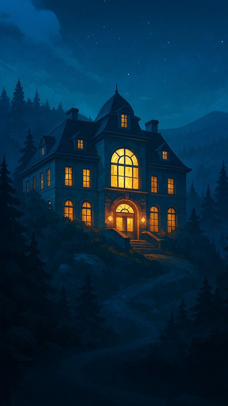 Wallpaper: das Midnight Mansion bei Nacht mit leuchtenden Fenstern.