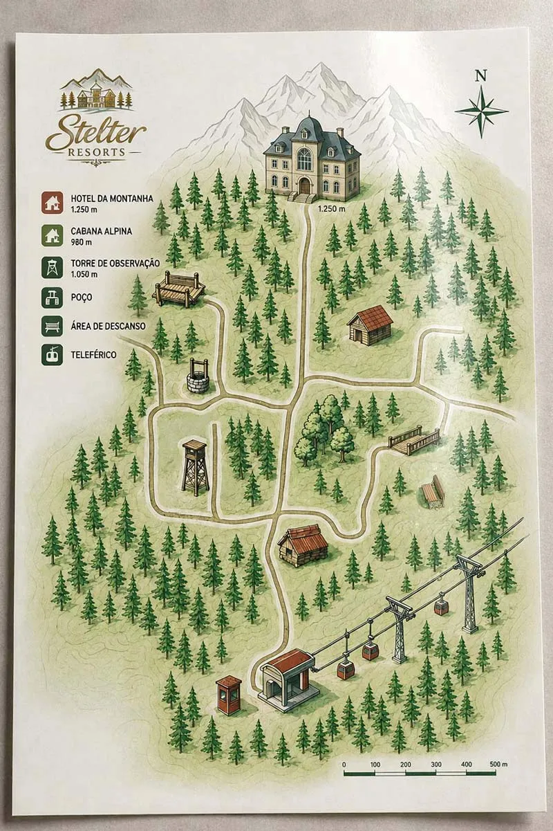Mapa de trilhas do Stelter Resorts: o hotel no alto da montanha, caminhos pela floresta e o teleférico no vale