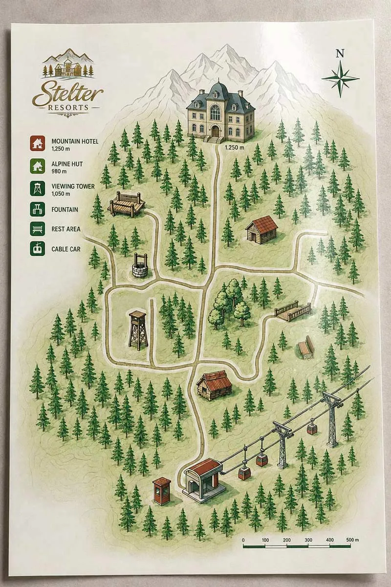 Stelter Resorts trail map: the mountain hotel at the top, paths through the forest and the gondola down in the valley