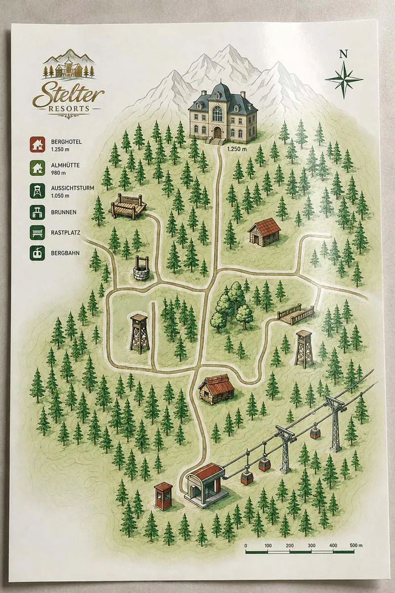 Wanderkarte der Stelter Resorts: das Berghotel oben am Berg, Wege durch den Wald und die Bergbahn im Tal